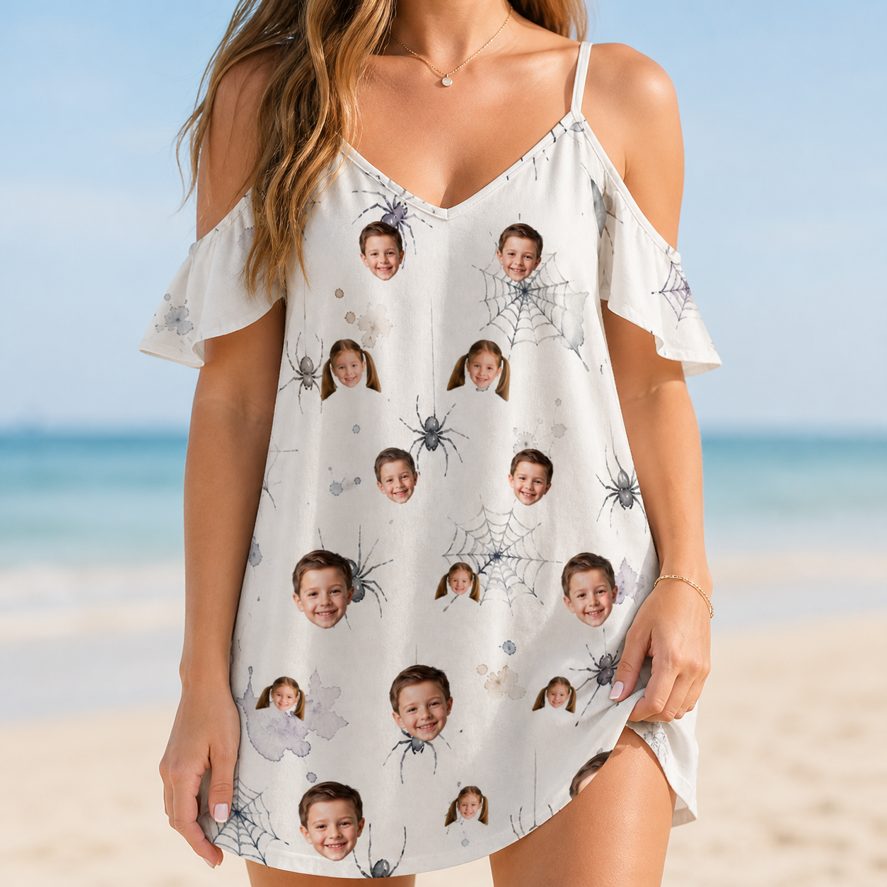 Model wearing Women's Eight-Legged Elegance Custom Face Off-Shoulder Dress printed with kids' faces