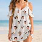 Model wearing Women's Eight-Legged Elegance Custom Face Off-Shoulder Dress printed with kids' faces