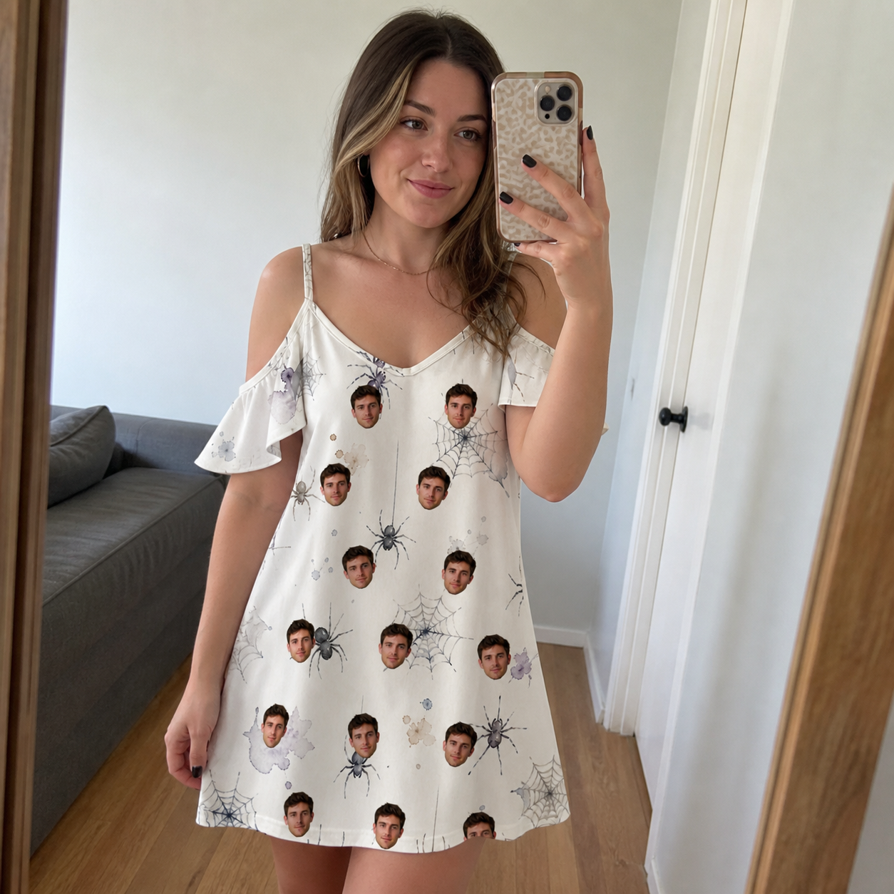 Real-life photo of someone wearing Women's Eight-Legged Elegance Custom Face Off-Shoulder Dress — custom faces printed all-over