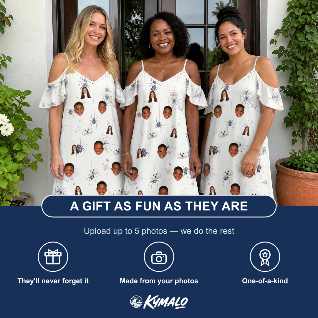 Friends in matching Women's Eight-Legged Elegance Custom Face Off-Shoulder Dress — a group gift photo