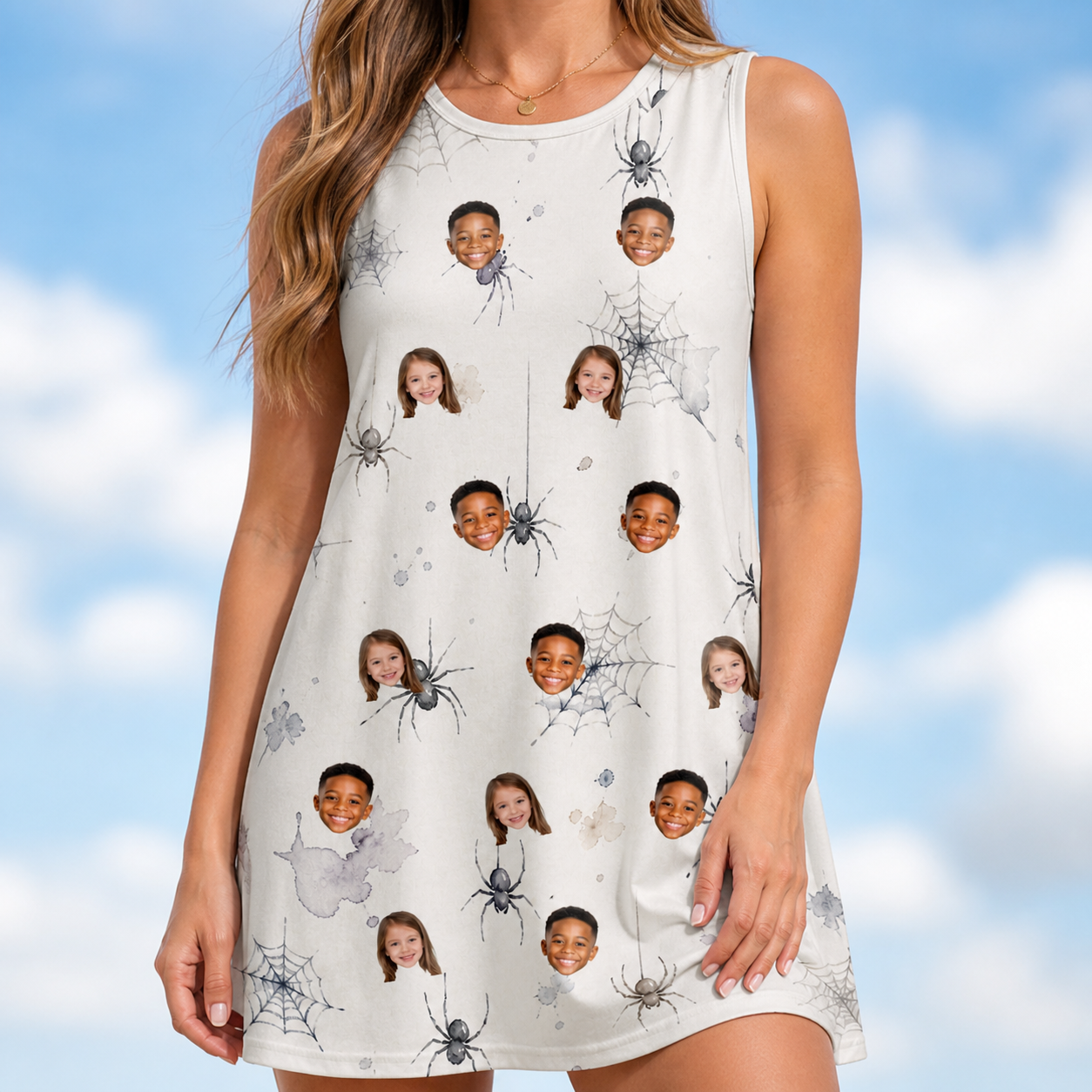 Model wearing Women's Eight-Legged Elegance Custom Face Tank Dress printed with kids' faces