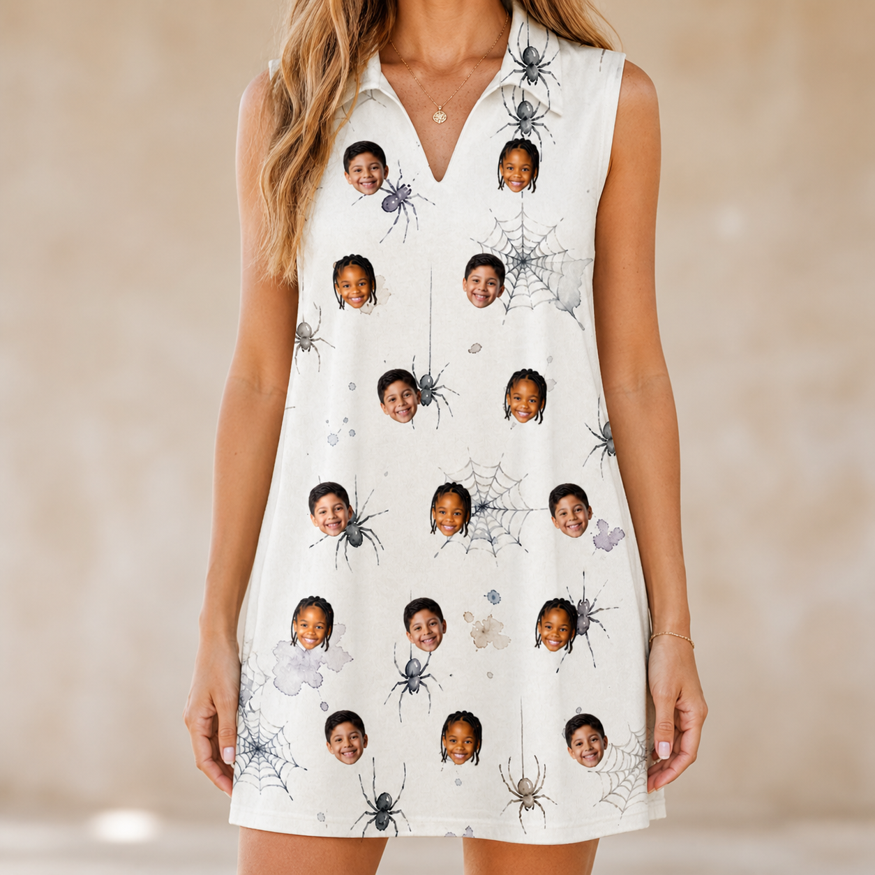 Model wearing Women's Eight-Legged Elegance Custom Face V-Neck Dress printed with kids' faces