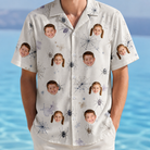 Model wearing Men's Eight-Legged Elegance Custom Face Hawaiian Shirt printed with kids' faces