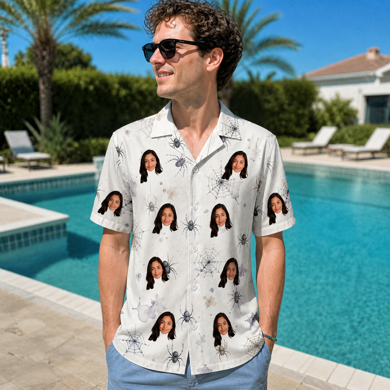 Real-life photo of someone wearing Men's Eight-Legged Elegance Custom Face Hawaiian Shirt — custom faces printed all-over