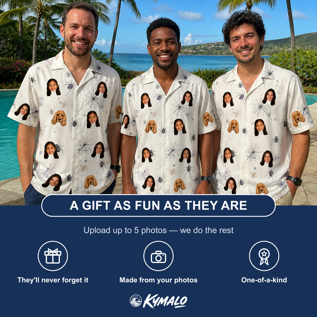 Friends in matching Men's Eight-Legged Elegance Custom Face Hawaiian Shirt — a group gift photo