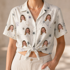Woman wearing Women's Eight-Legged Elegance Custom Face Hawaiian Shirt tied at the waist