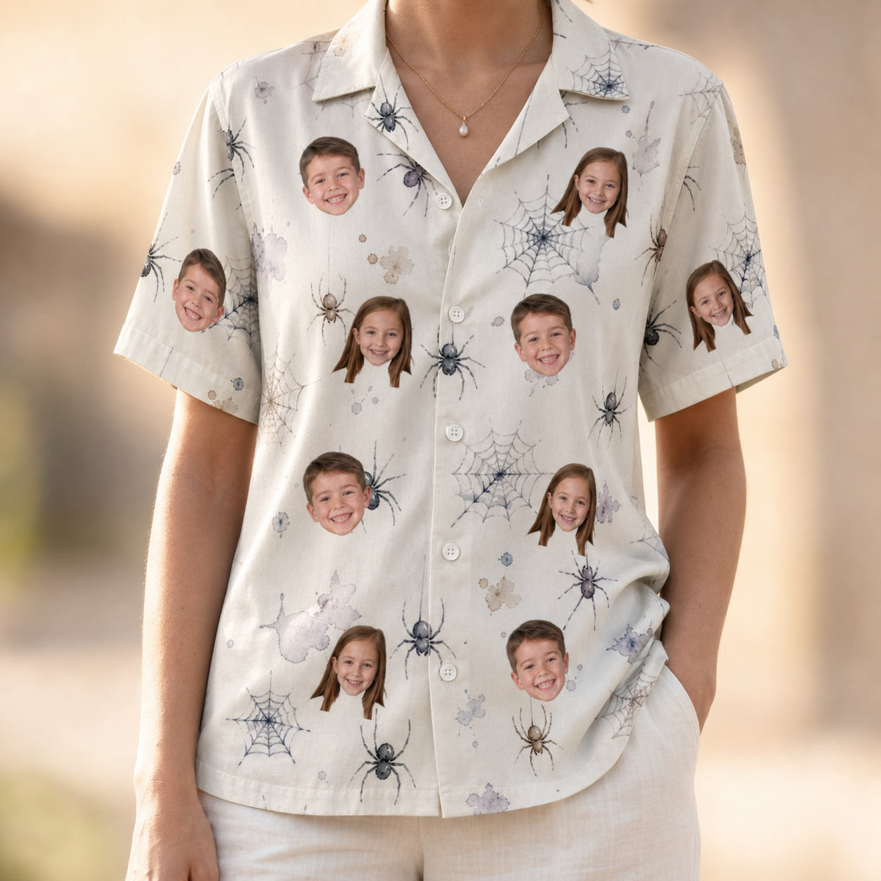 Model wearing Women's Eight-Legged Elegance Custom Face Hawaiian Shirt printed with kids' faces