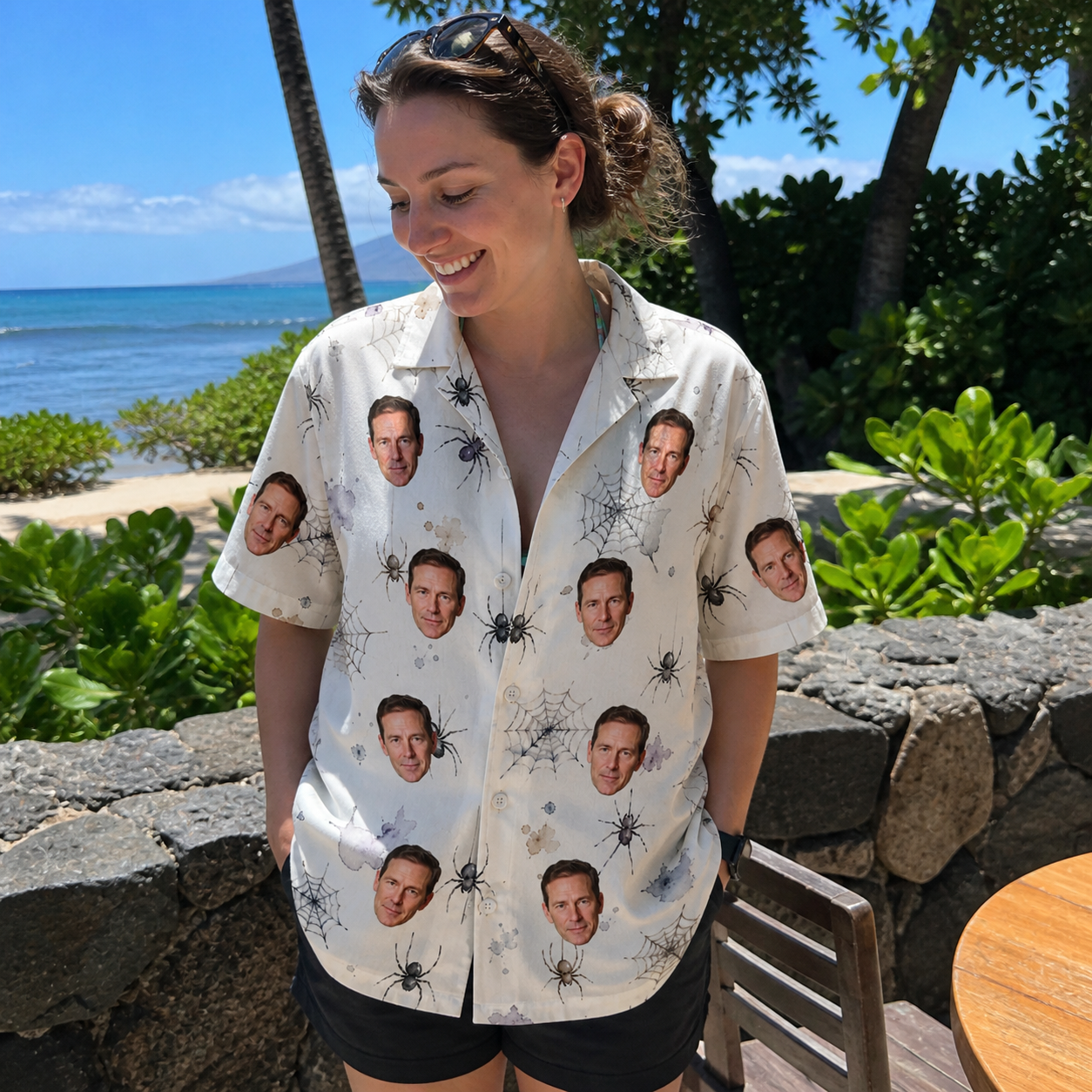 Real-life photo of someone wearing Women's Eight-Legged Elegance Custom Face Hawaiian Shirt — custom faces printed all-over
