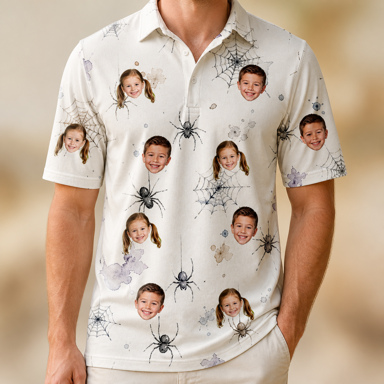 Model wearing Men's Eight-Legged Elegance Custom Face Polo Shirt printed with kids' faces