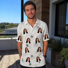 Real-life photo of someone wearing Men's Eight-Legged Elegance Custom Face Polo Shirt — custom faces printed all-over