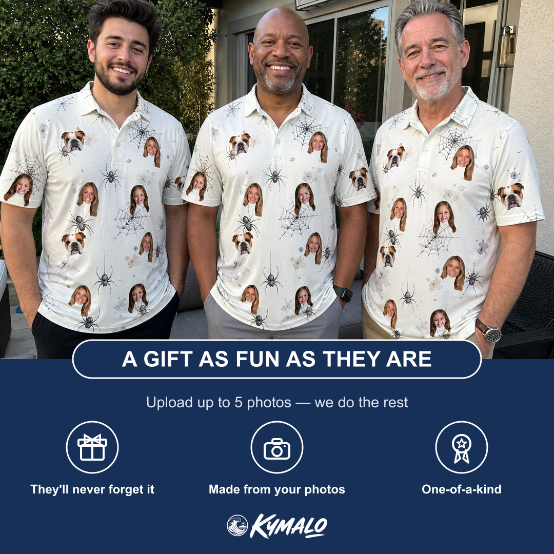 Friends in matching Men's Eight-Legged Elegance Custom Face Polo Shirt — a group gift photo