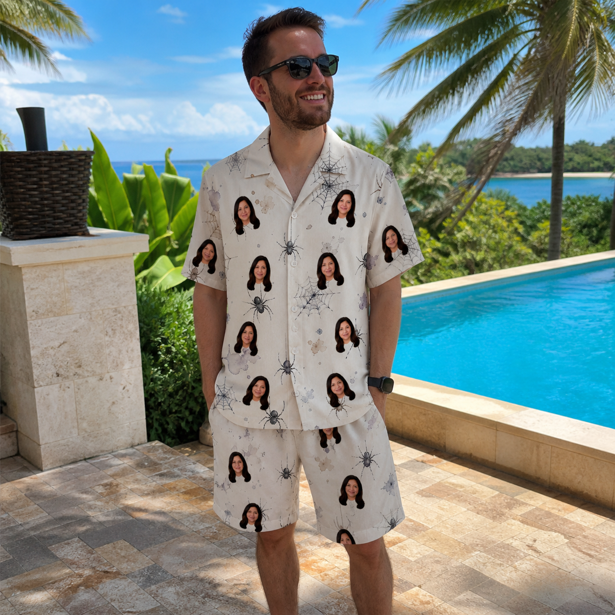 Real-life photo of someone wearing Men's Eight-Legged Elegance Custom Face Shirt & Shorts Set — custom faces printed all-over