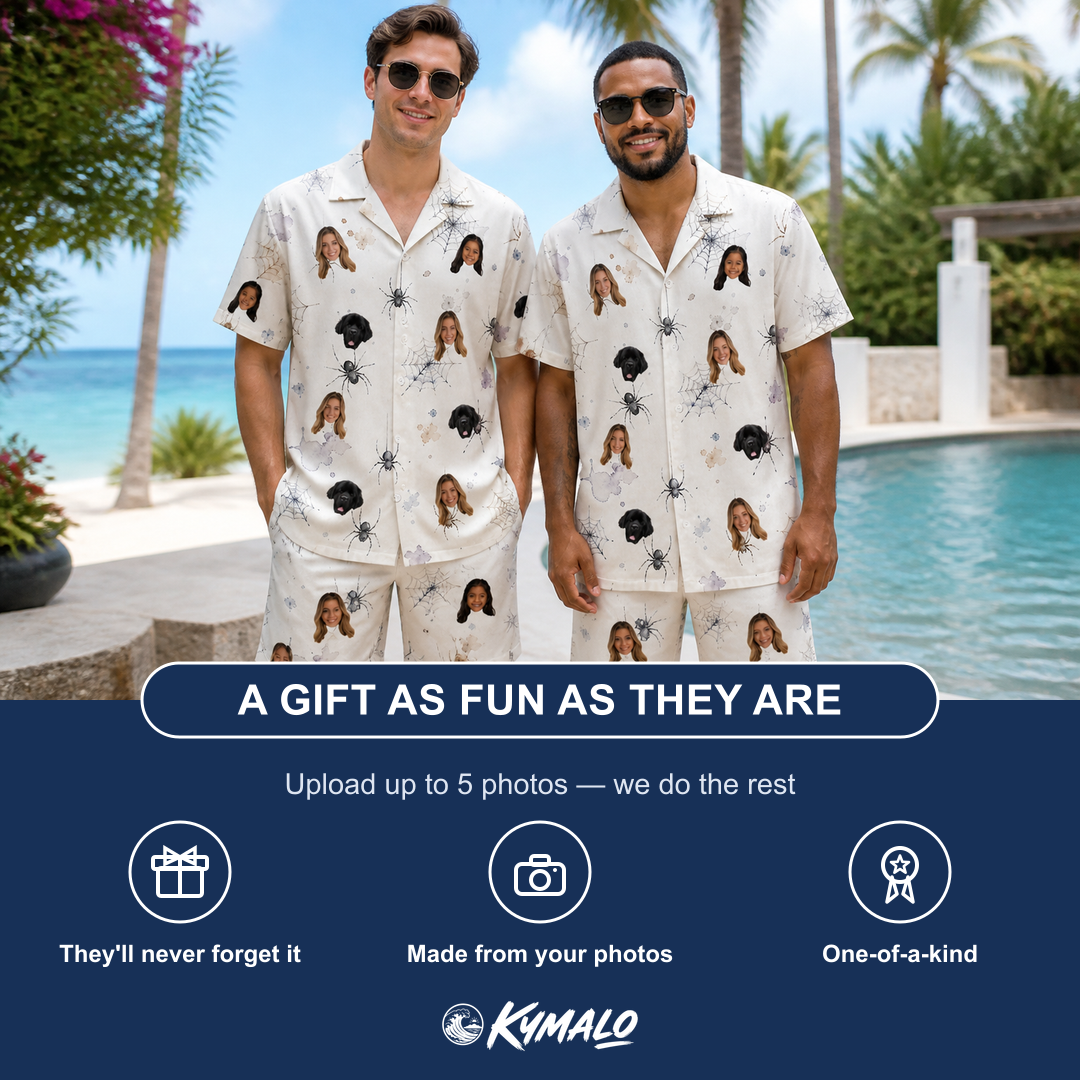 Friends in matching Men's Eight-Legged Elegance Custom Face Shirt & Shorts Set — a group gift photo