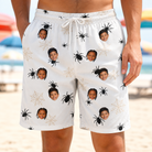 Model wearing Men's Midnight Webbing Custom Face Beach Shorts printed with kids' faces