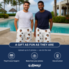 Friends in matching Men's Midnight Webbing Custom Face Beach Shorts — a group gift photo