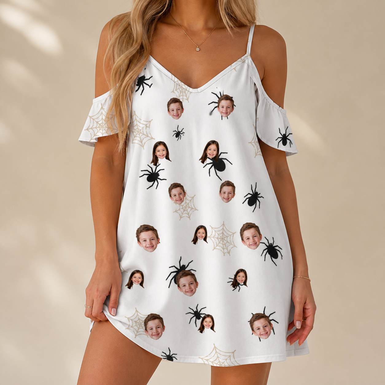 Model wearing Women's Midnight Webbing Custom Face Off-Shoulder Dress printed with kids' faces