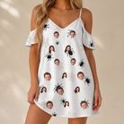 Model wearing Women's Midnight Webbing Custom Face Off-Shoulder Dress printed with kids' faces