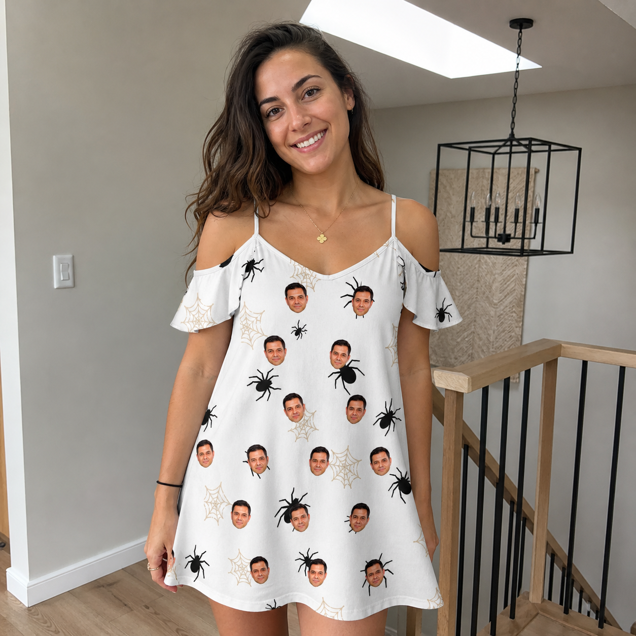Real-life photo of someone wearing Women's Midnight Webbing Custom Face Off-Shoulder Dress — custom faces printed all-over