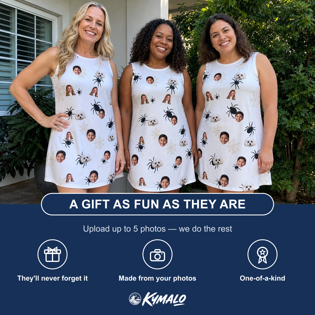 Friends in matching Women's Midnight Webbing Custom Face Tank Dress — a group gift photo