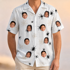 Model wearing Men's Midnight Webbing Custom Face Hawaiian Shirt printed with kids' faces