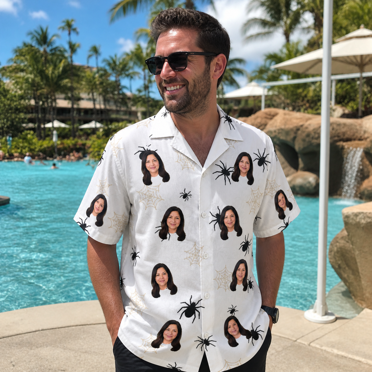 Real-life photo of someone wearing Men's Midnight Webbing Custom Face Hawaiian Shirt — custom faces printed all-over