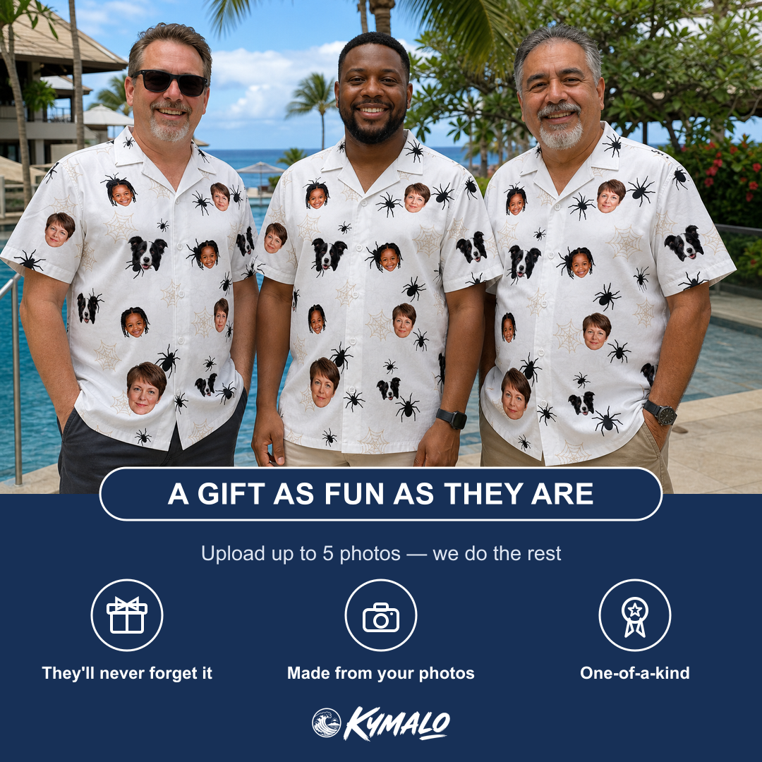 Friends in matching Men's Midnight Webbing Custom Face Hawaiian Shirt — a group gift photo