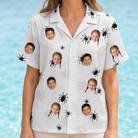 Model wearing Women's Midnight Webbing Custom Face Hawaiian Shirt printed with kids' faces