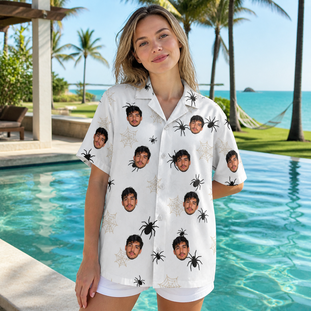 Real-life photo of someone wearing Women's Midnight Webbing Custom Face Hawaiian Shirt — custom faces printed all-over