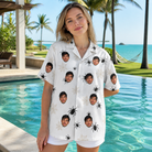 Real-life photo of someone wearing Women's Midnight Webbing Custom Face Hawaiian Shirt — custom faces printed all-over
