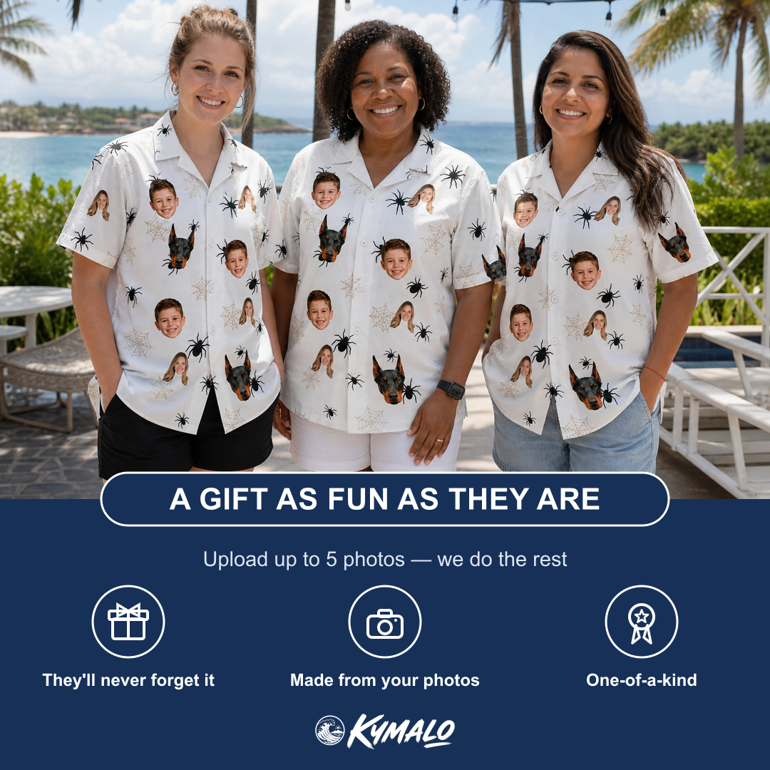 Friends in matching Women's Midnight Webbing Custom Face Hawaiian Shirt — a group gift photo