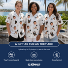 Friends in matching Women's Midnight Webbing Custom Face Hawaiian Shirt — a group gift photo