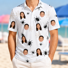 Model wearing Men's Midnight Webbing Custom Face Polo Shirt printed with kids' faces