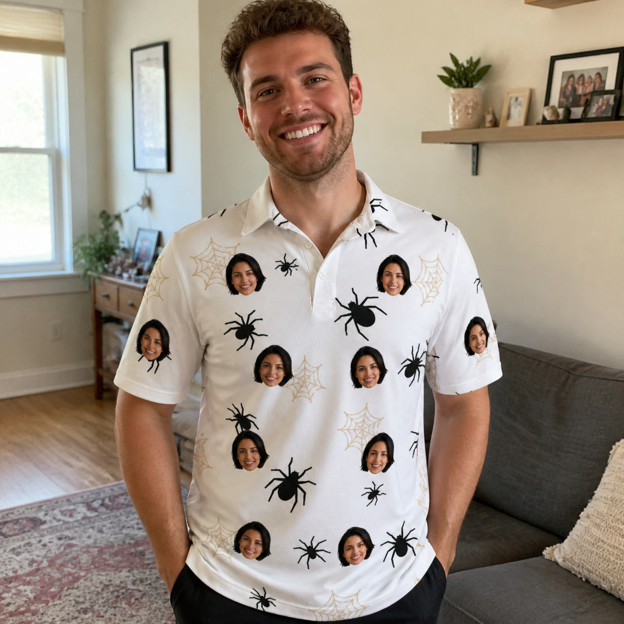 Real-life photo of someone wearing Men's Midnight Webbing Custom Face Polo Shirt — custom faces printed all-over