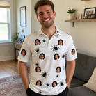 Real-life photo of someone wearing Men's Midnight Webbing Custom Face Polo Shirt — custom faces printed all-over