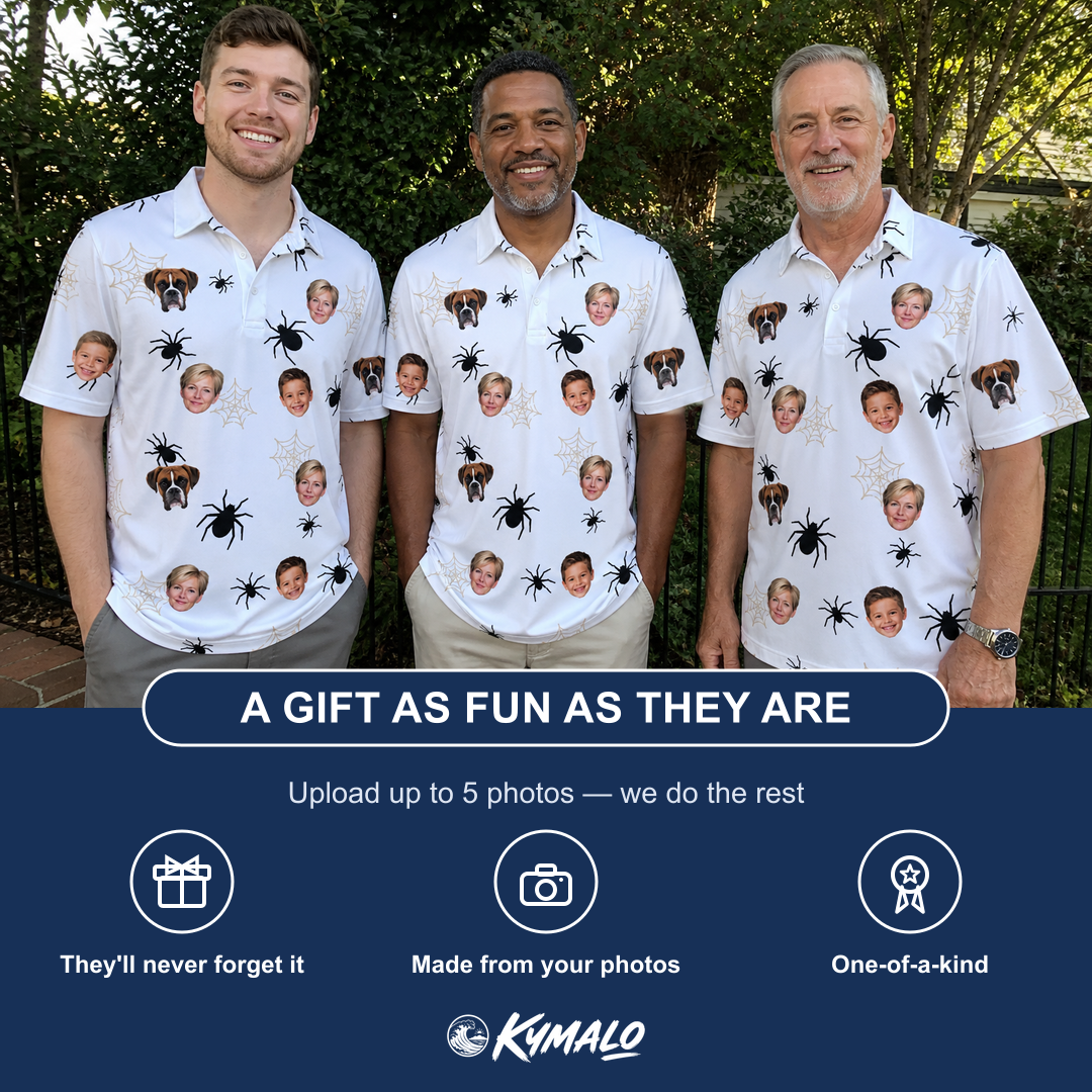 Friends in matching Men's Midnight Webbing Custom Face Polo Shirt — a group gift photo