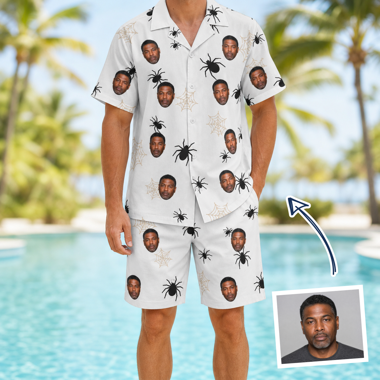 Man wearing Men's Midnight Webbing Custom Face Shirt & Shorts Set — custom faces printed all-over