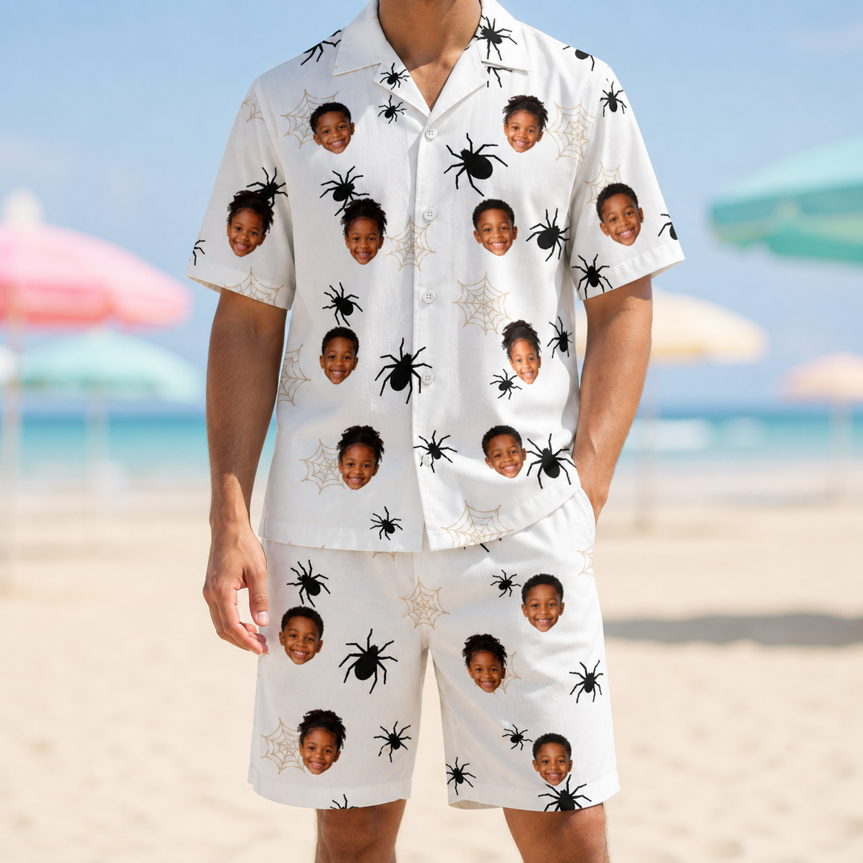 Model wearing Men's Midnight Webbing Custom Face Shirt & Shorts Set printed with kids' faces