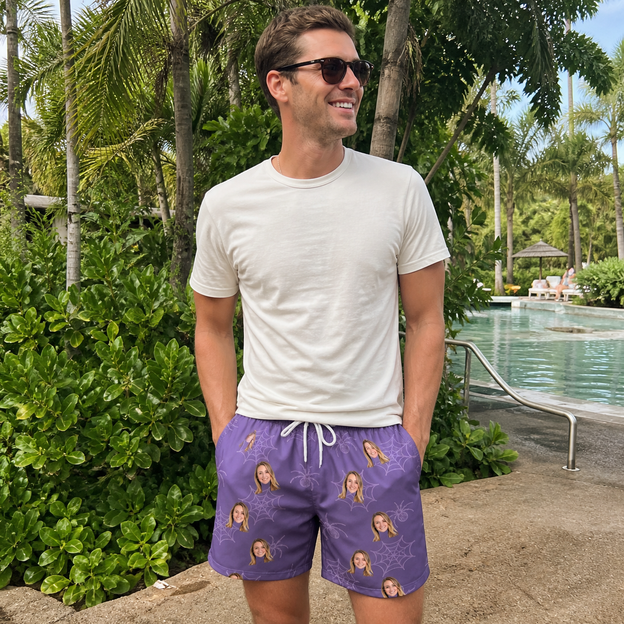 Real-life photo of someone wearing Men's Spider Social Custom Face Beach Shorts — custom faces printed all-over