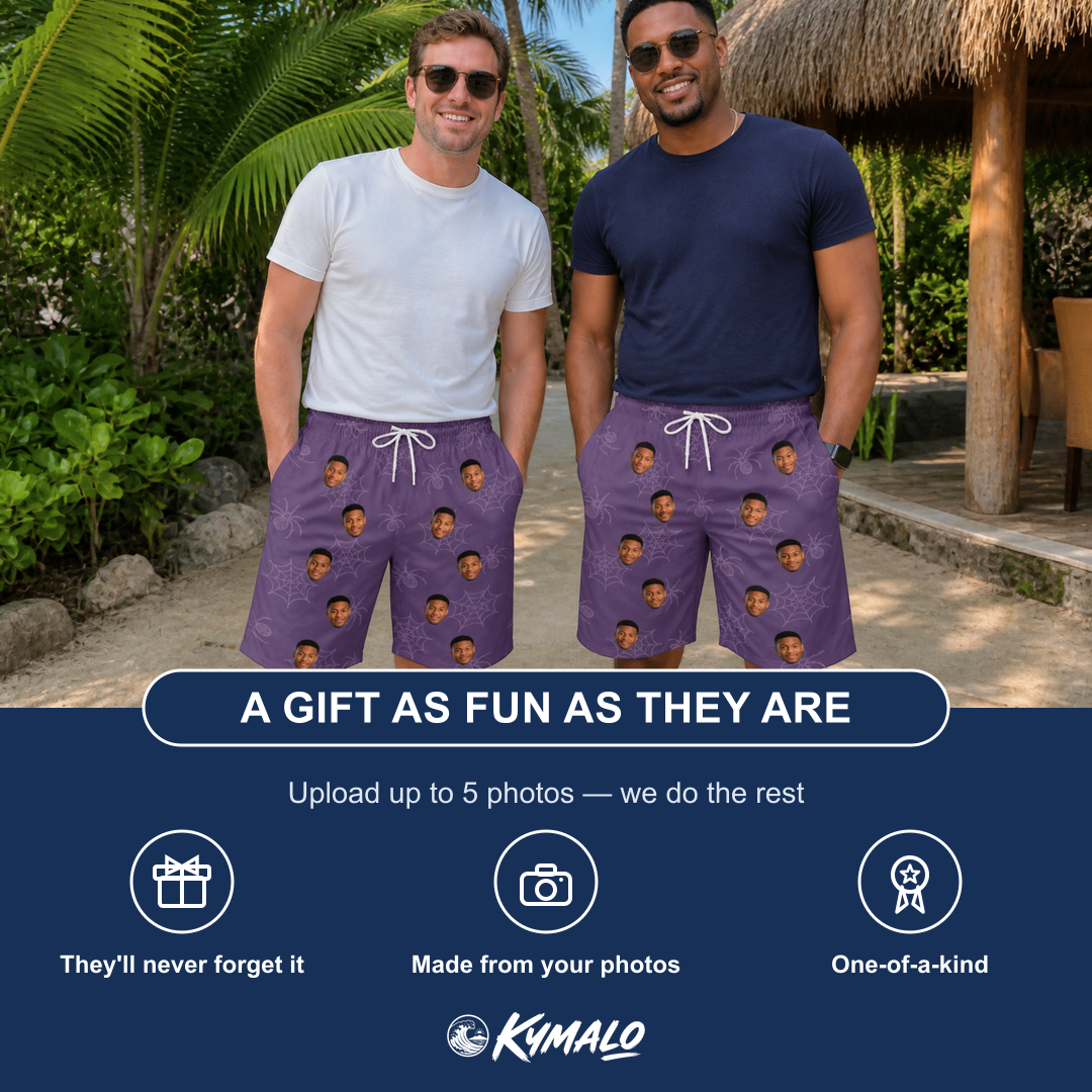 Friends in matching Men's Spider Social Custom Face Beach Shorts — a group gift photo