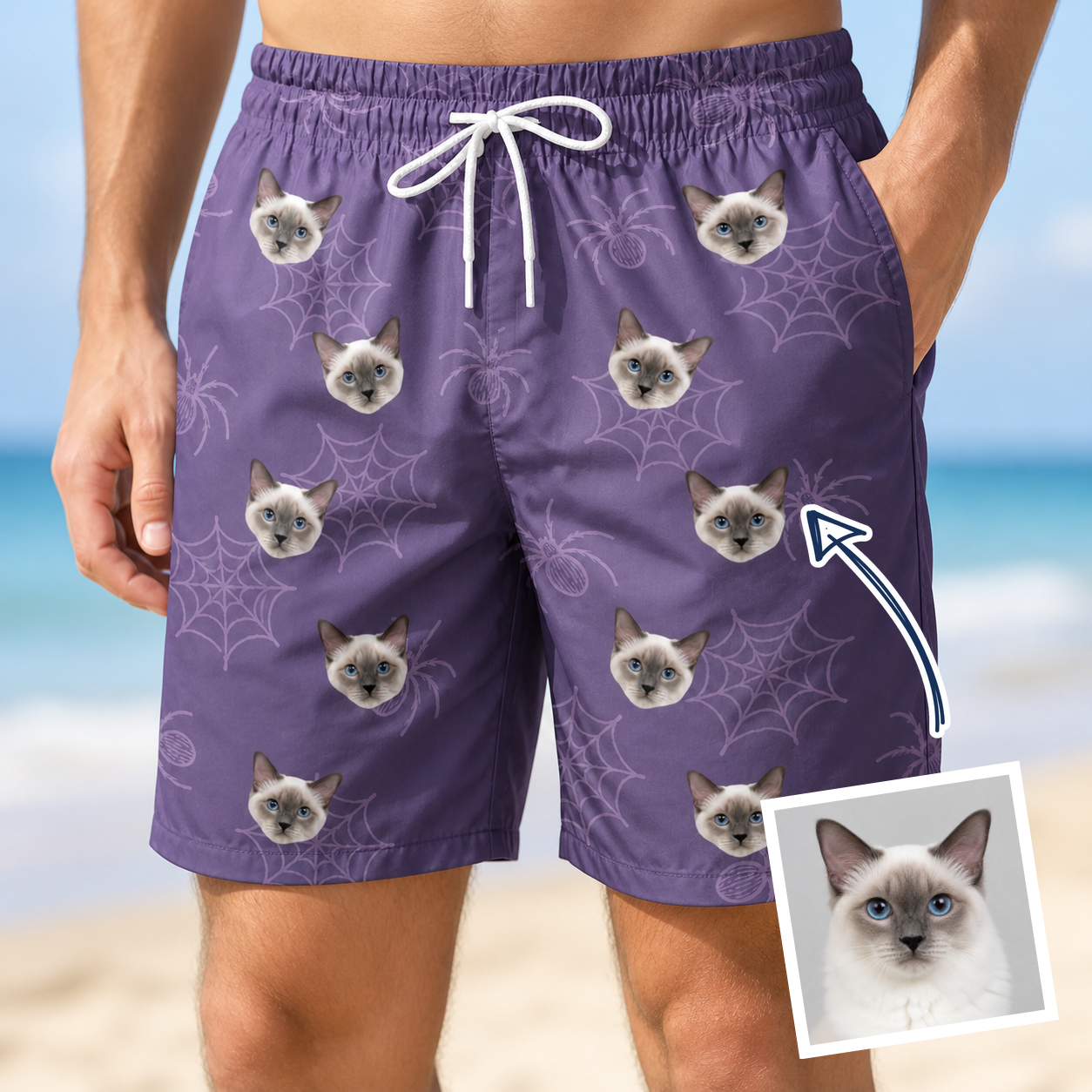 Man wearing Men's Spider Social Custom Cat Face Beach Shorts — custom faces printed all-over
