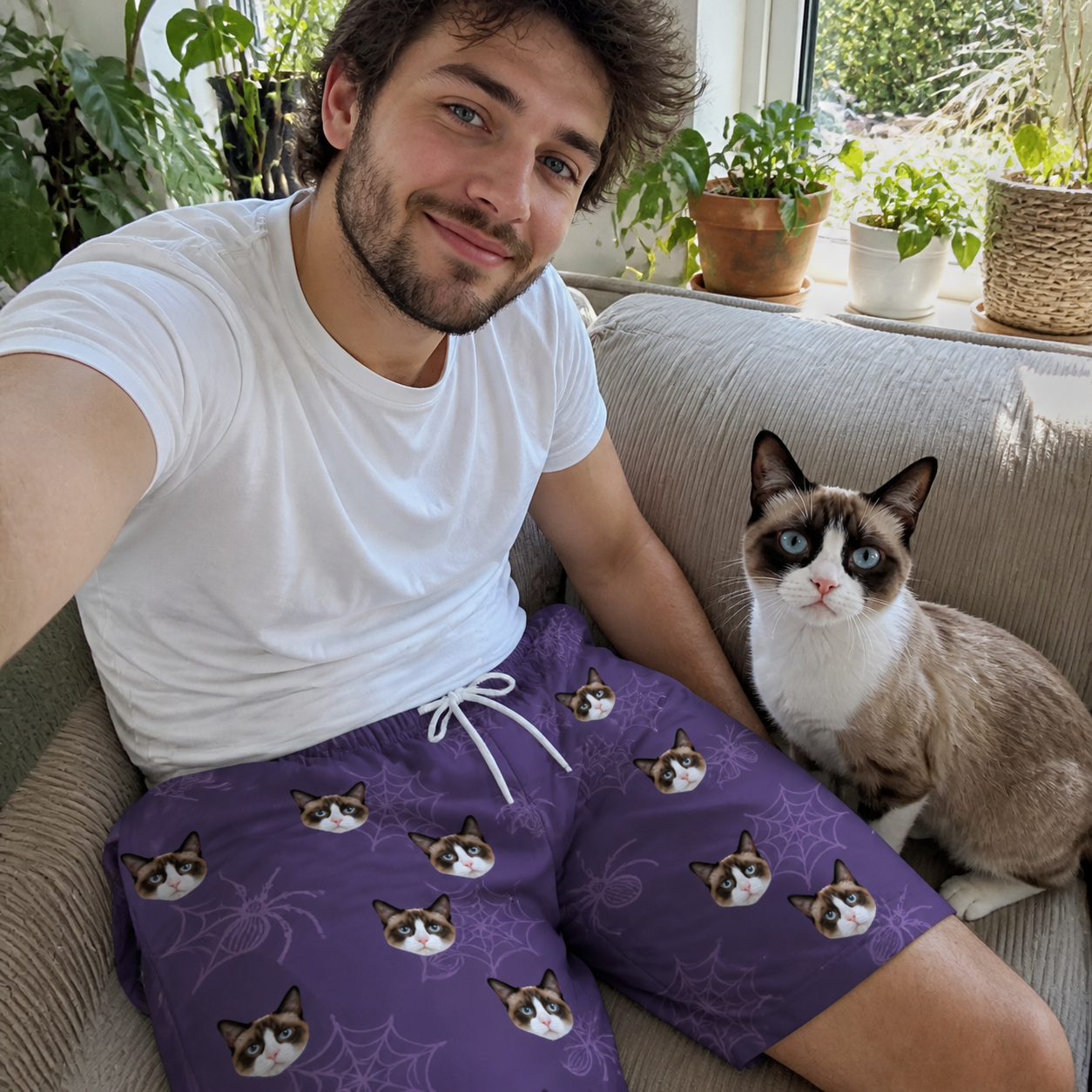 Selfie with the pet whose face is printed all over this Men's Spider Social Custom Cat Face Beach Shorts
