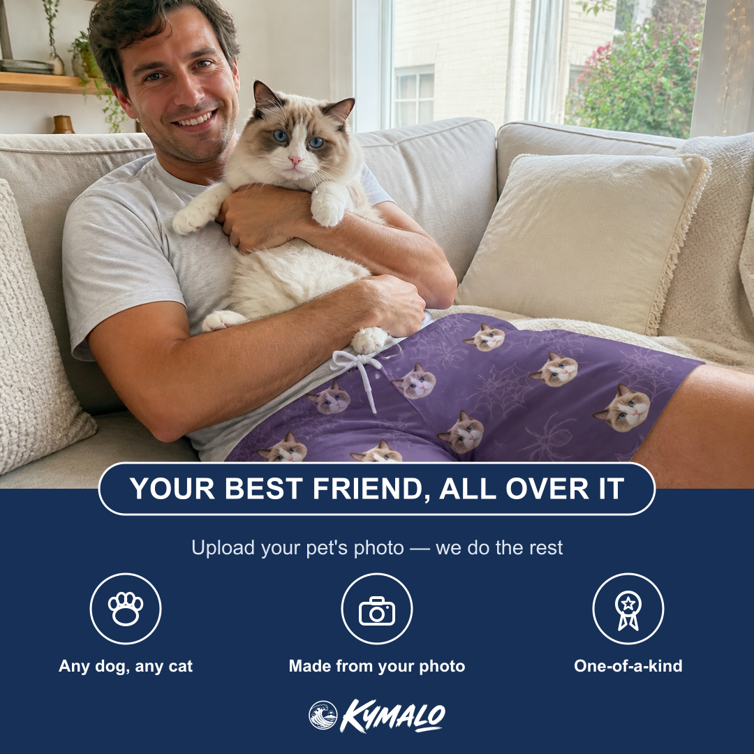 Friends in matching Men's Spider Social Custom Cat Face Beach Shorts — a group gift photo