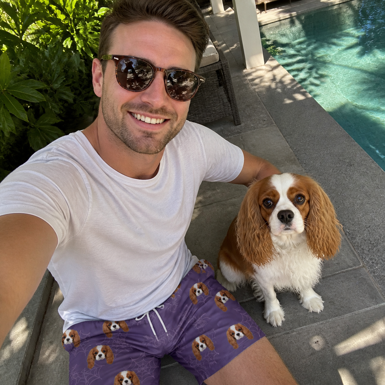 Selfie with the pet whose face is printed all over this Men's Spider Social Custom Dog Face Beach Shorts