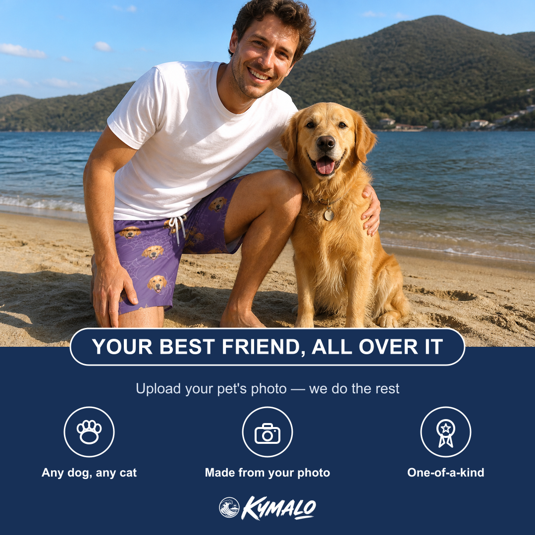 Friends in matching Men's Spider Social Custom Dog Face Beach Shorts — a group gift photo