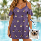 Woman wearing Women's Spider Social Custom Cat Face Off-Shoulder Dress — custom faces printed all-over