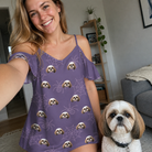 Selfie with the pet whose face is printed all over this Women's Spider Social Custom Dog Face Off-Shoulder Dress