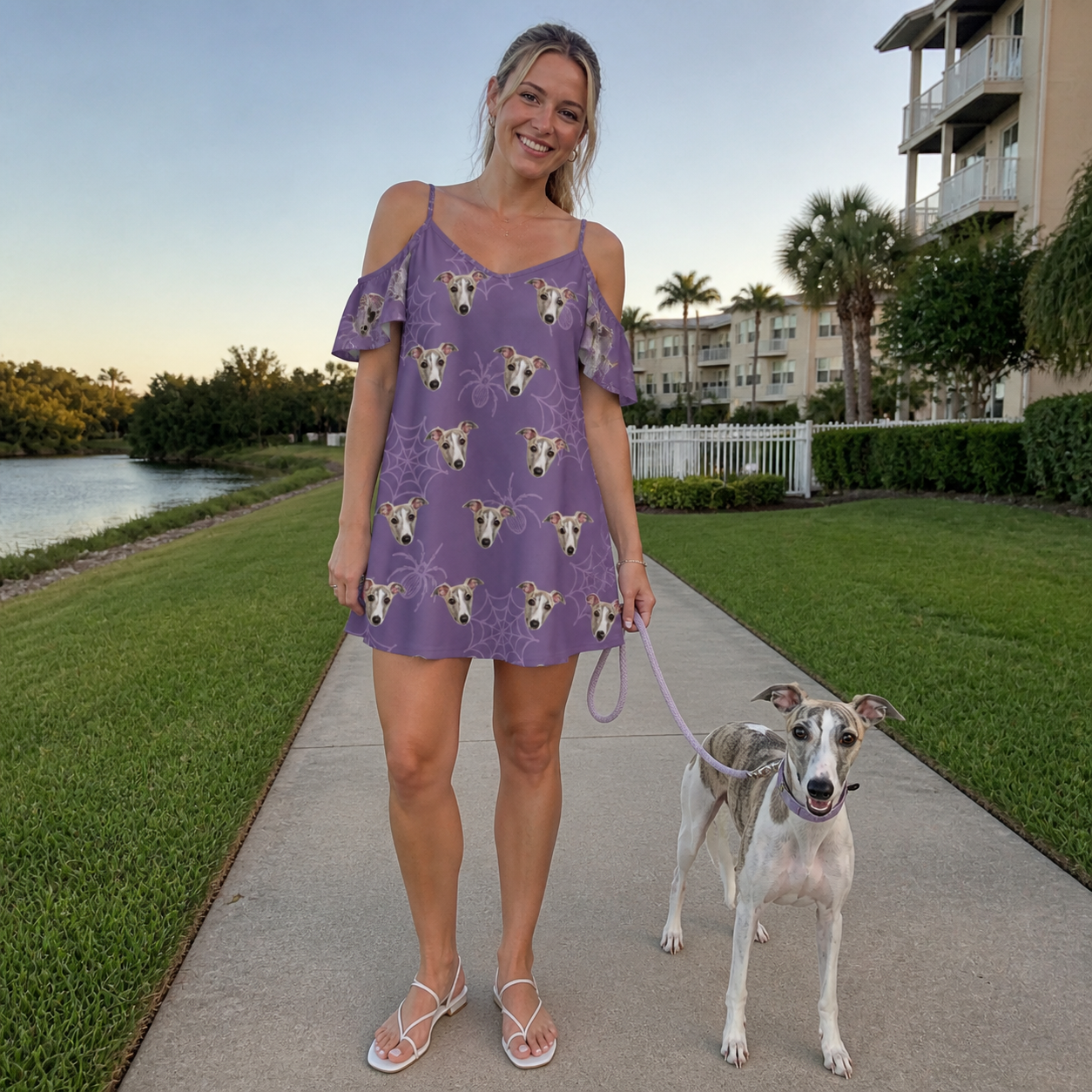 Full-length photo with the pet printed all over this Women's Spider Social Custom Dog Face Off-Shoulder Dress