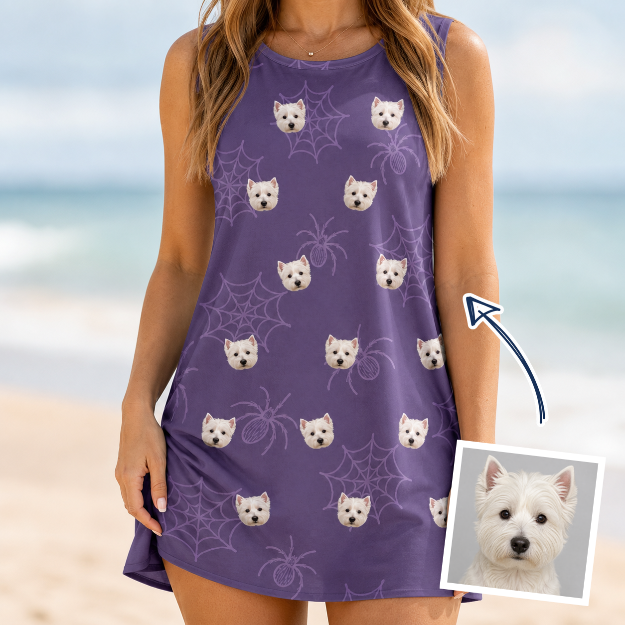 Woman wearing Women's Spider Social Custom Dog Face Tank Dress — custom faces printed all-over