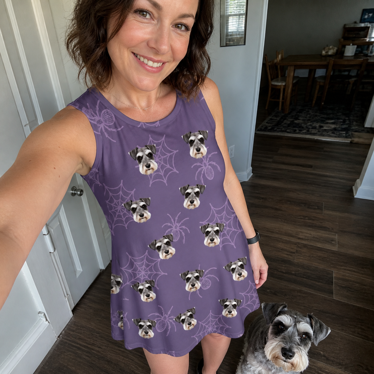 Selfie with the pet whose face is printed all over this Women's Spider Social Custom Dog Face Tank Dress