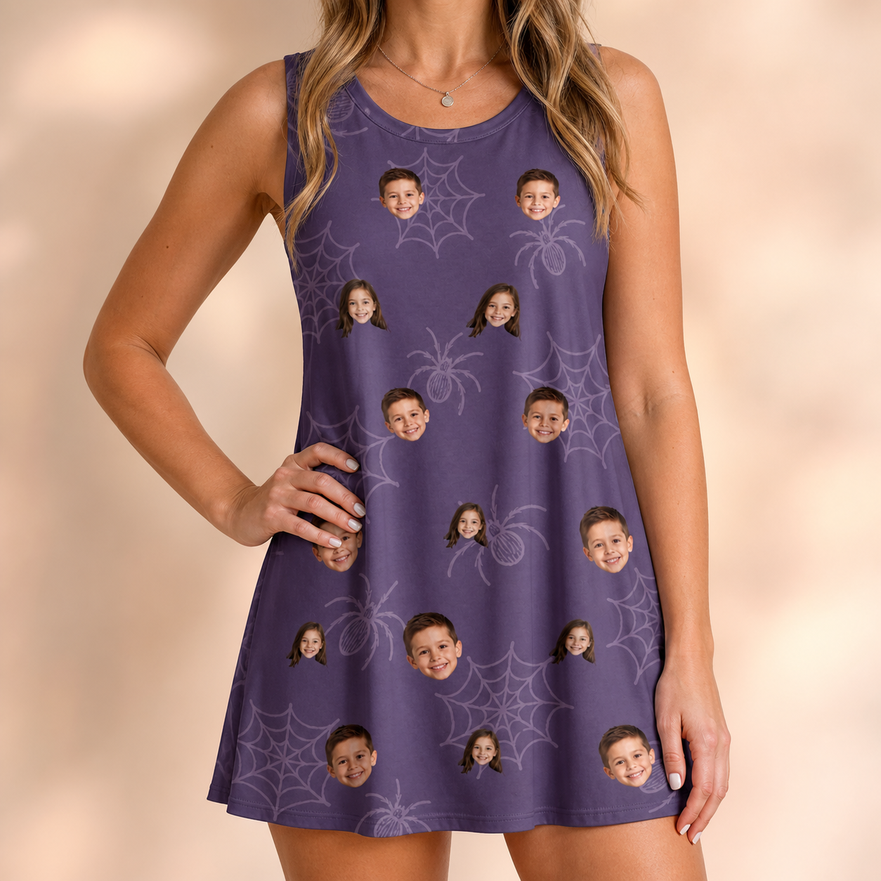 Model wearing Women's Spider Social Custom Face Tank Dress printed with kids' faces